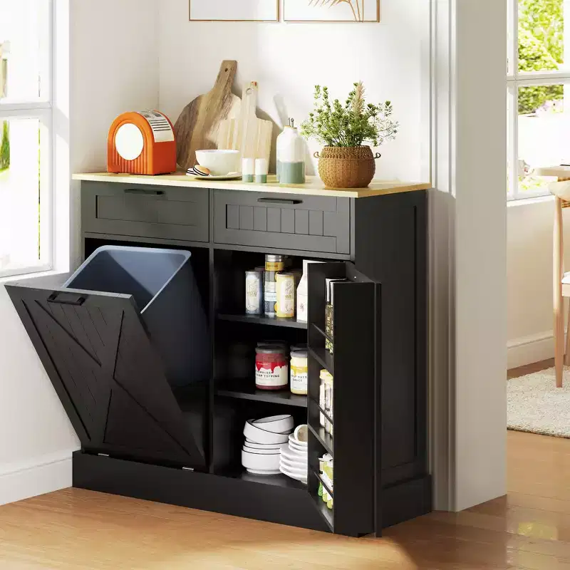 Meuble poubelle coulissant HOMCOM avec tiroirs, meuble de cuisine de style campagnard avec poubelle cachée pour la cuisine