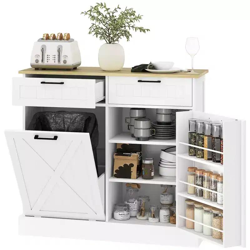 Meuble poubelle coulissant HOMCOM avec tiroirs, meuble de cuisine de style campagnard avec poubelle cachée pour la cuisine
