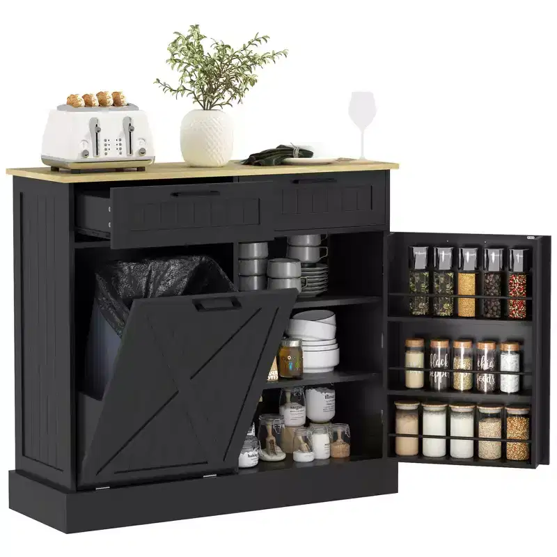Meuble poubelle coulissant HOMCOM avec tiroirs, meuble de cuisine de style campagnard avec poubelle cachée pour la cuisine