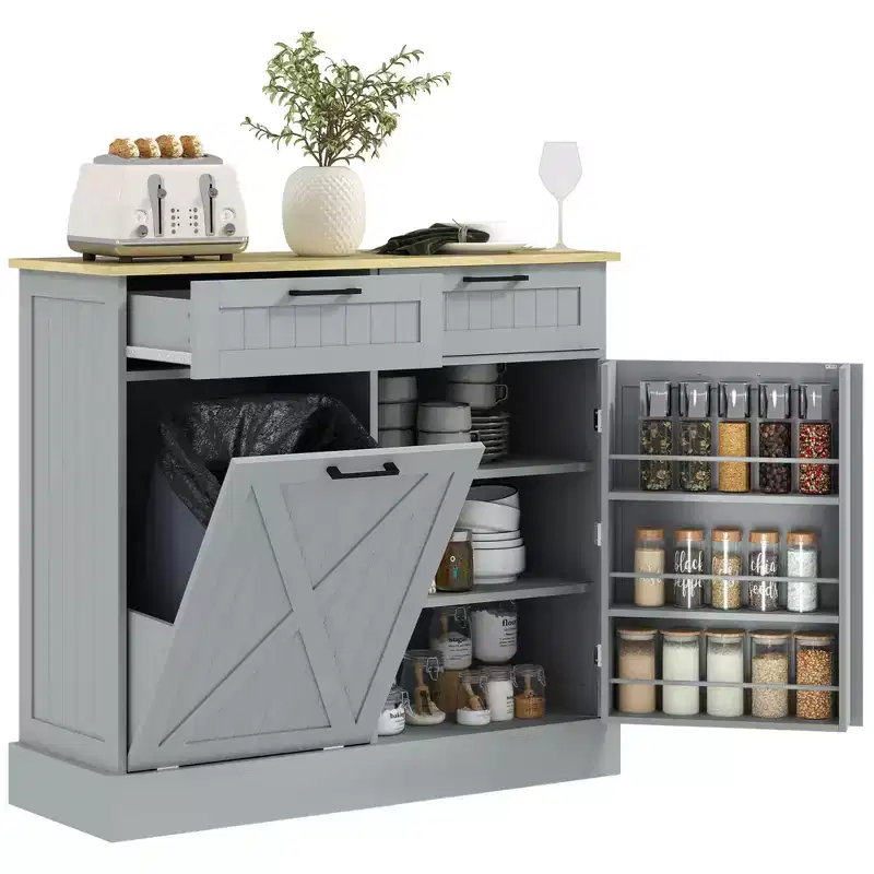 Meuble poubelle coulissant HOMCOM avec tiroirs, meuble de cuisine de style campagnard avec poubelle cachée pour la cuisine