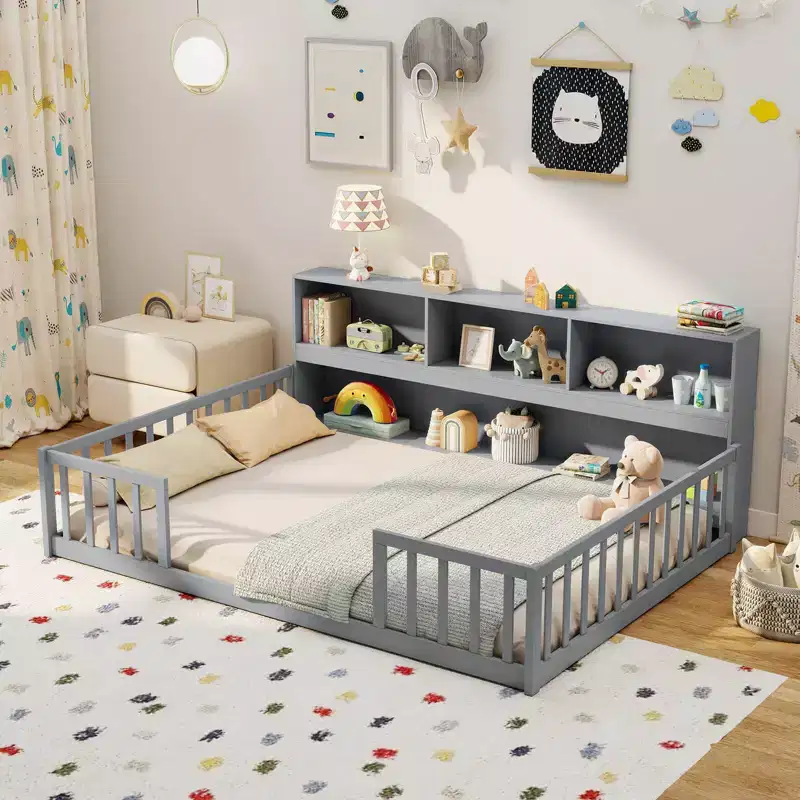 Lit de sol Montessori double/complet avec étagères de rangement et barrières de sécurité Blanc/Gris