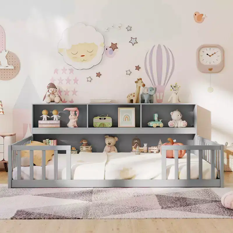 Lit de sol Montessori double/complet avec étagères de rangement et barrières de sécurité Blanc/Gris