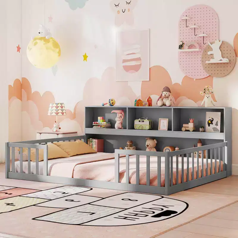 Lit de sol Montessori double/complet avec étagères de rangement et barrières de sécurité Blanc/Gris