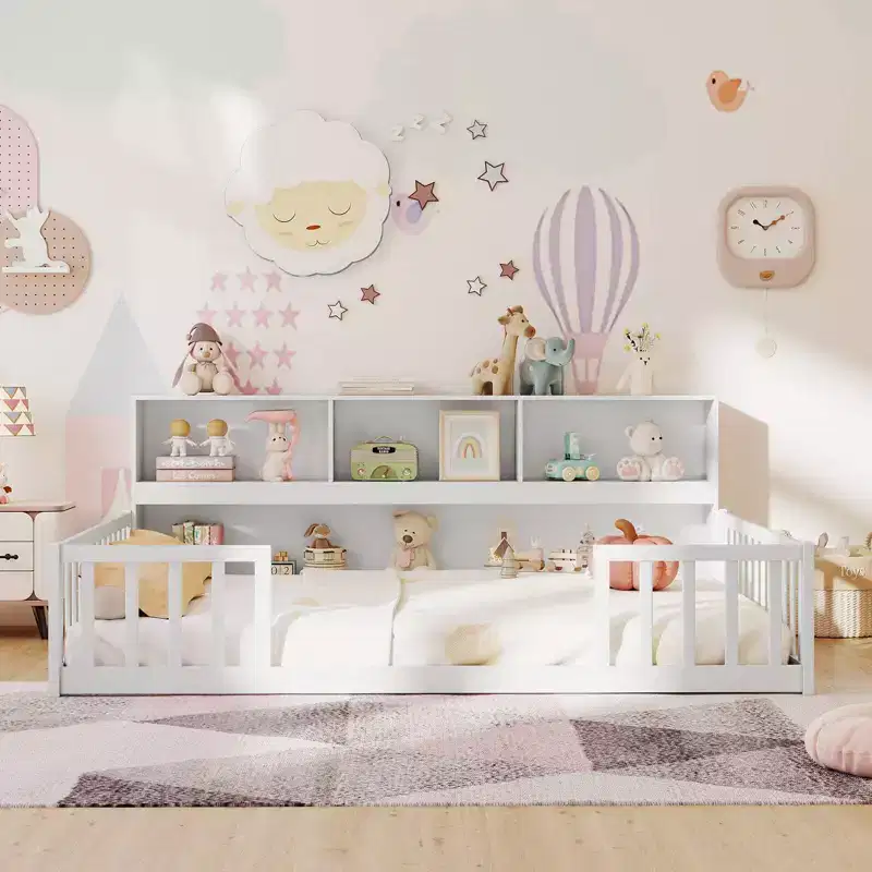 Lit de sol Montessori double/complet avec étagères de rangement et barrières de sécurité Blanc/Gris