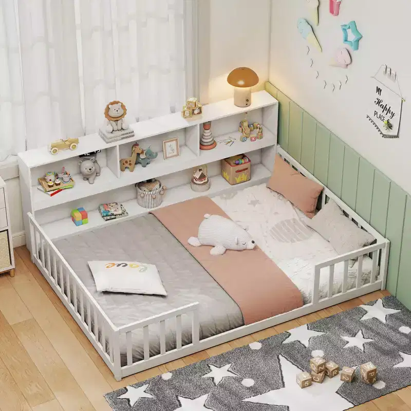 Lit de sol Montessori double/complet avec étagères de rangement et barrières de sécurité Blanc/Gris