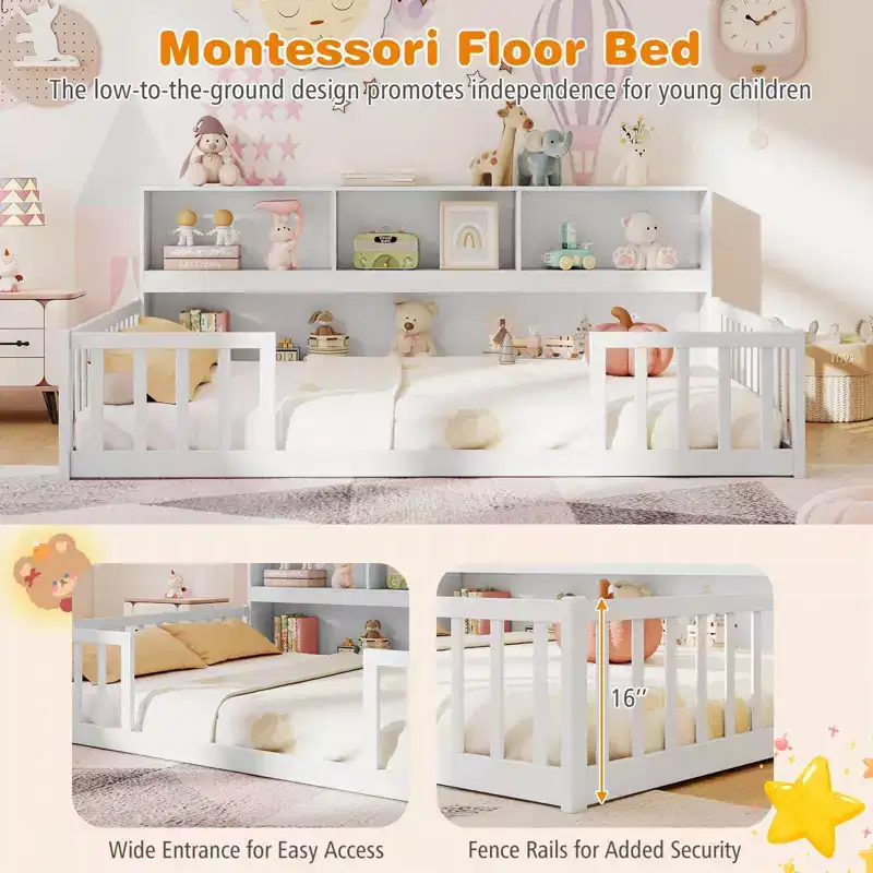 Lit de sol Montessori double/complet avec étagères de rangement et barrières de sécurité Blanc/Gris