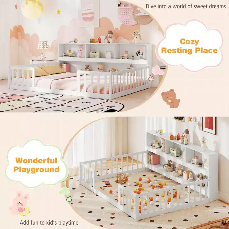 Lit de sol Montessori double/complet avec étagères de rangement et barrières de sécurité Blanc/Gris