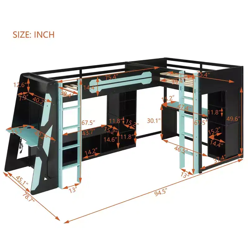 Lit mezzanine de jeu en L avec bureaux, lits superposés doubles avec lumières LED, ports USB, étagères de rangement, lit mezzanine d'angle en bois pour 2 personnes