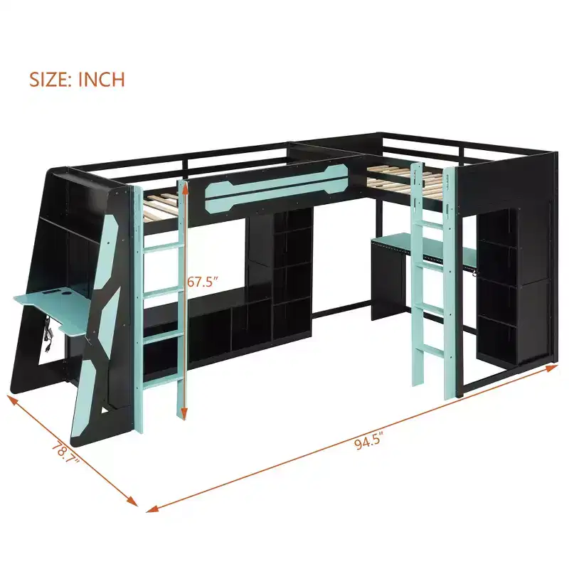Lit mezzanine de jeu en L avec bureaux, lits superposés doubles avec lumières LED, ports USB, étagères de rangement, lit mezzanine d'angle en bois pour 2 personnes