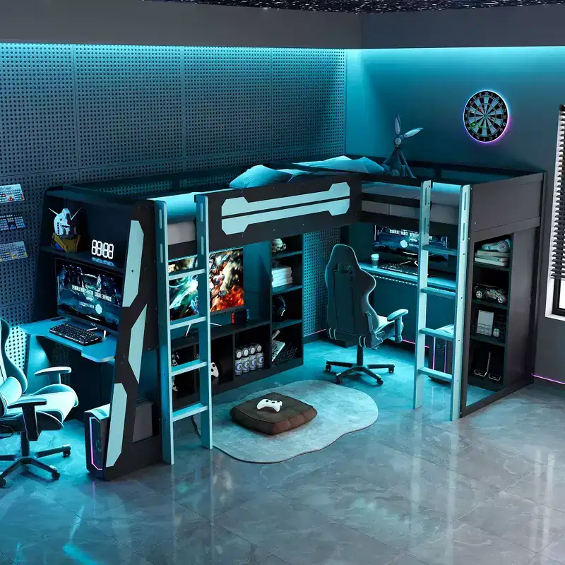 Lit mezzanine de jeu en L avec bureaux, lits superposés doubles avec lumières LED, ports USB, étagères de rangement, lit mezzanine d'angle en bois pour 2 personnes