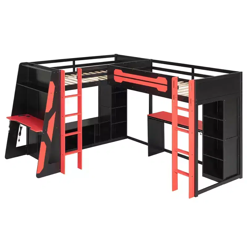 Lit mezzanine de jeu en L avec bureaux, lits superposés doubles avec lumières LED, ports USB, étagères de rangement, lit mezzanine d'angle en bois pour 2 personnes