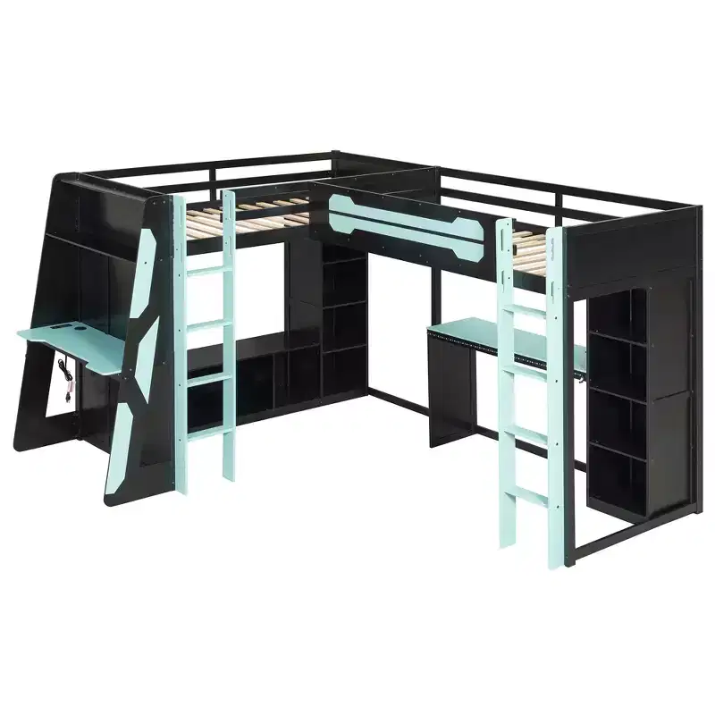 Lit mezzanine de jeu en L avec bureaux, lits superposés doubles avec lumières LED, ports USB, étagères de rangement, lit mezzanine d'angle en bois pour 2 personnes