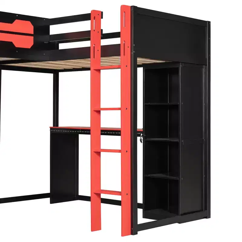 Lit mezzanine de jeu en L avec bureaux, lits superposés doubles avec lumières LED, ports USB, étagères de rangement, lit mezzanine d'angle en bois pour 2 personnes