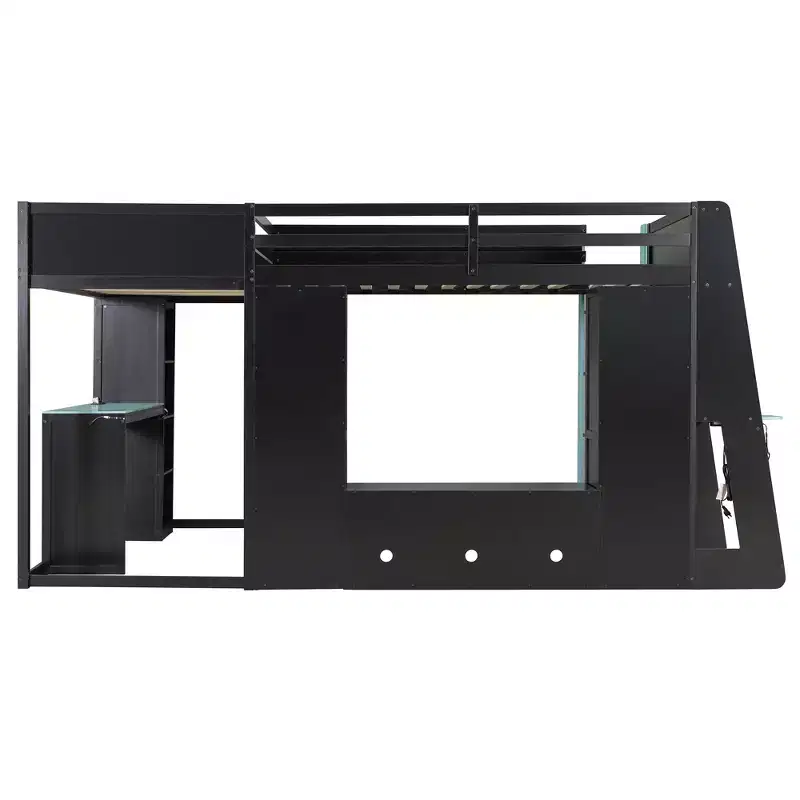 Lit mezzanine de jeu en L avec bureaux, lits superposés doubles avec lumières LED, ports USB, étagères de rangement, lit mezzanine d'angle en bois pour 2 personnes