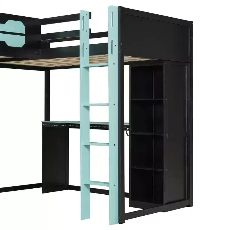Lit mezzanine de jeu en L avec bureaux, lits superposés doubles avec lumières LED, ports USB, étagères de rangement, lit mezzanine d'angle en bois pour 2 personnes