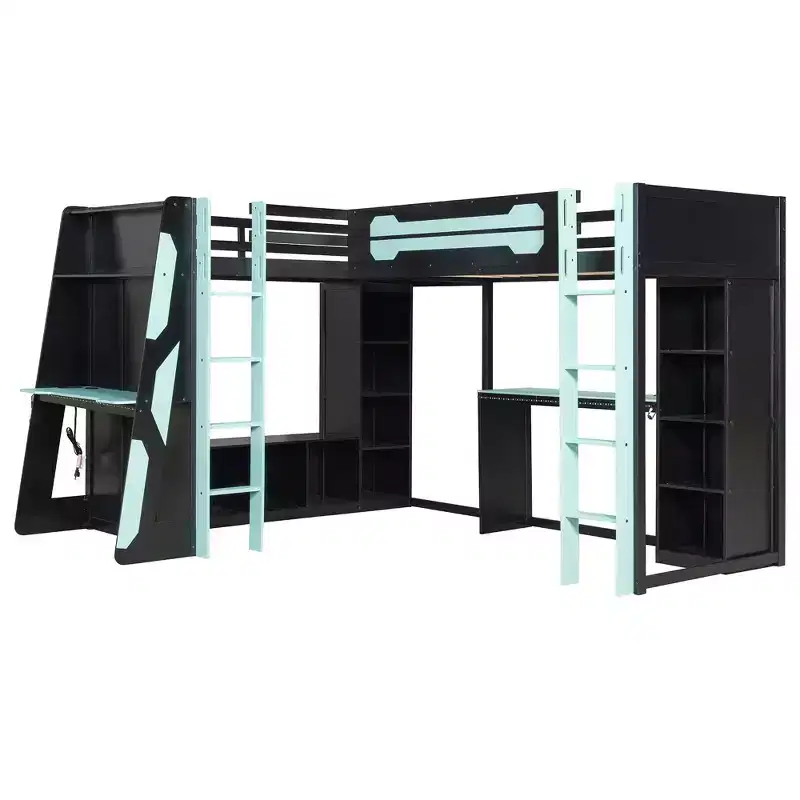 Lit mezzanine de jeu en L avec bureaux, lits superposés doubles avec lumières LED, ports USB, étagères de rangement, lit mezzanine d'angle en bois pour 2 personnes