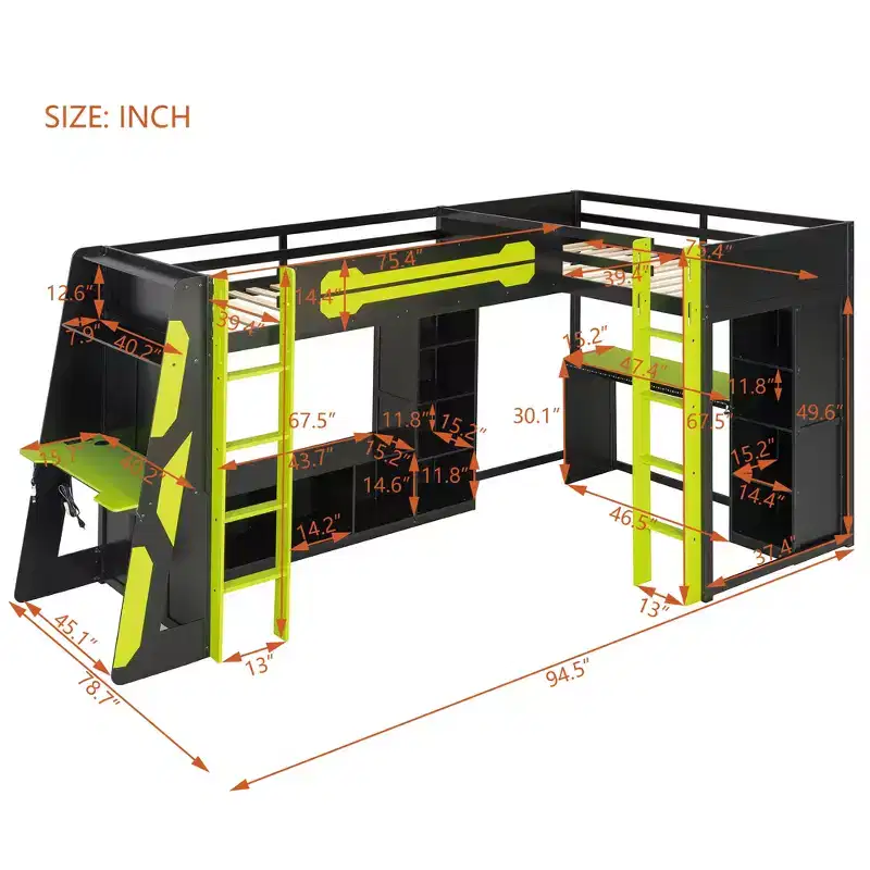 Lit mezzanine de jeu en L avec bureaux, lits superposés doubles avec lumières LED, ports USB, étagères de rangement, lit mezzanine d'angle en bois pour 2 personnes