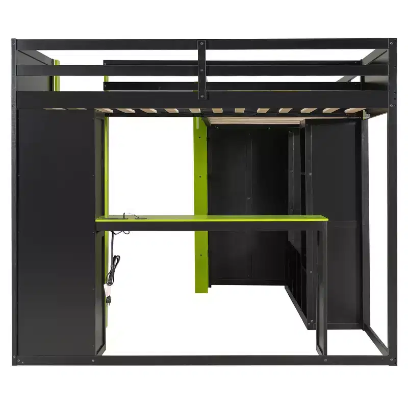 Lit mezzanine de jeu en L avec bureaux, lits superposés doubles avec lumières LED, ports USB, étagères de rangement, lit mezzanine d'angle en bois pour 2 personnes