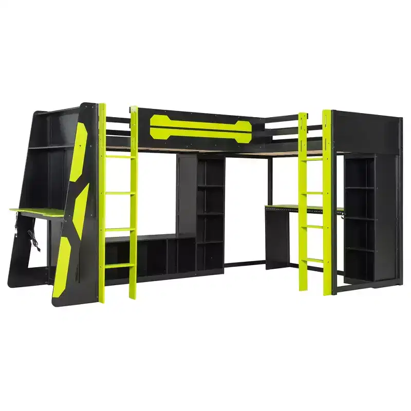 Lit mezzanine de jeu en L avec bureaux, lits superposés doubles avec lumières LED, ports USB, étagères de rangement, lit mezzanine d'angle en bois pour 2 personnes
