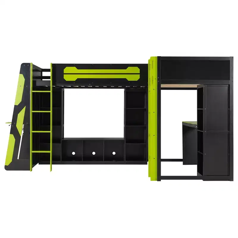 Lit mezzanine de jeu en L avec bureaux, lits superposés doubles avec lumières LED, ports USB, étagères de rangement, lit mezzanine d'angle en bois pour 2 personnes