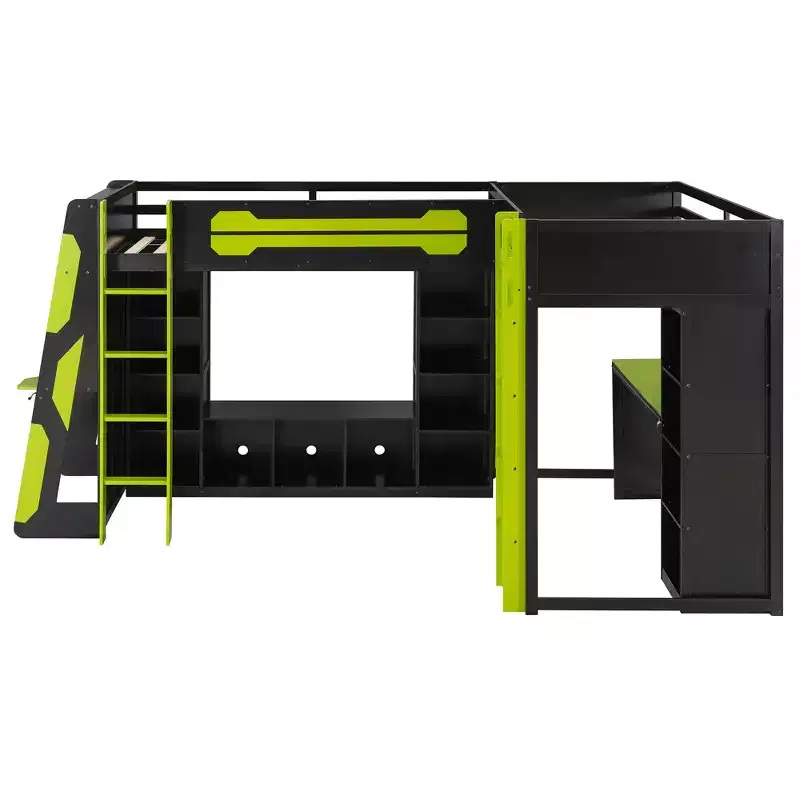 Lit mezzanine de jeu en L avec bureaux, lits superposés doubles avec lumières LED, ports USB, étagères de rangement, lit mezzanine d'angle en bois pour 2 personnes