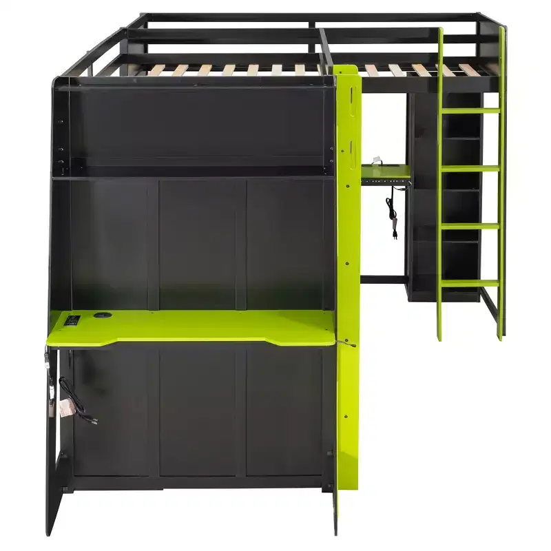 Lit mezzanine de jeu en L avec bureaux, lits superposés doubles avec lumières LED, ports USB, étagères de rangement, lit mezzanine d'angle en bois pour 2 personnes