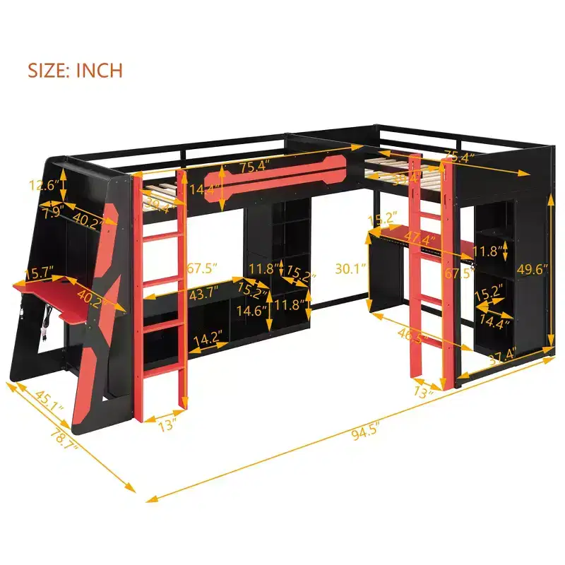 Lit mezzanine de jeu en L avec bureaux, lits superposés doubles avec lumières LED, ports USB, étagères de rangement, lit mezzanine d'angle en bois pour 2 personnes