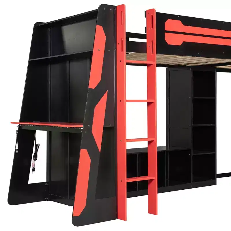 Lit mezzanine de jeu en L avec bureaux, lits superposés doubles avec lumières LED, ports USB, étagères de rangement, lit mezzanine d'angle en bois pour 2 personnes
