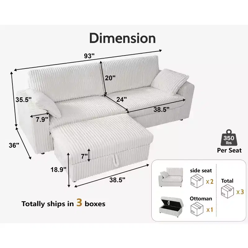 Canapé d'angle modulaire en velours côtelé Dyonery avec housses lavables