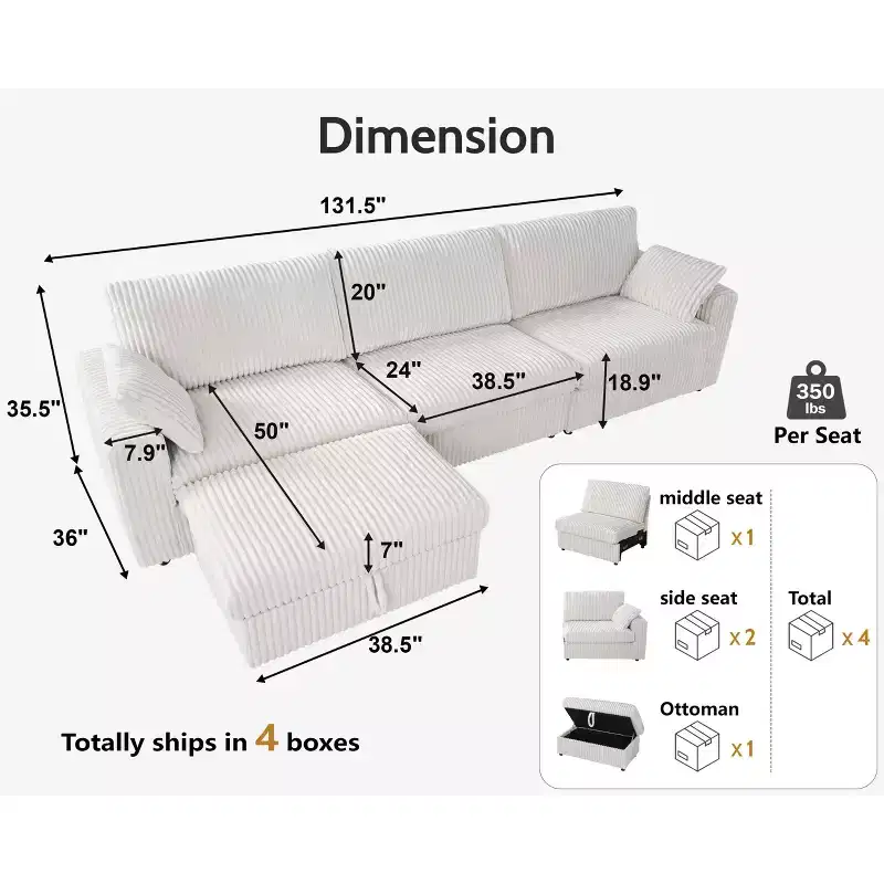 Canapé d'angle modulaire en velours côtelé Dyonery avec housses lavables