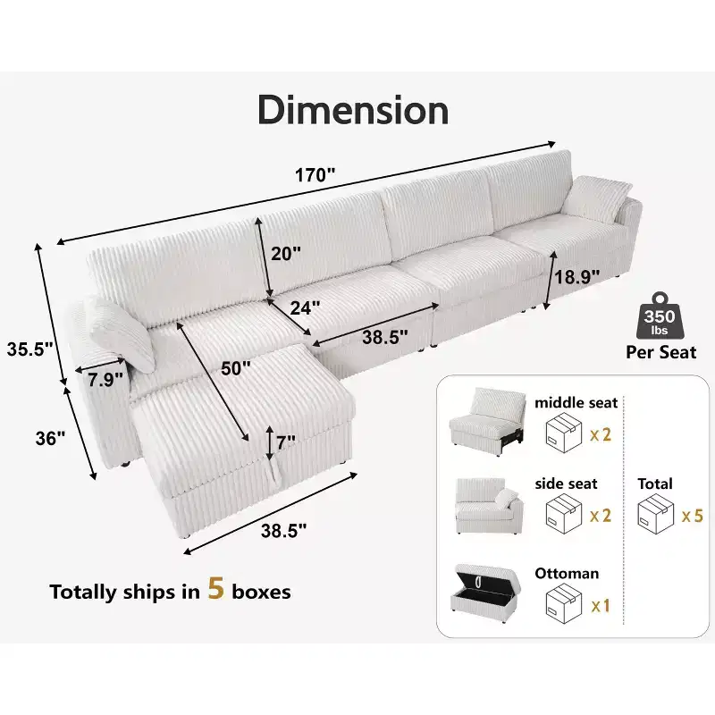 Canapé d'angle modulaire en velours côtelé Dyonery avec housses lavables