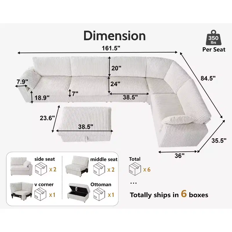 Canapé d'angle modulaire en velours côtelé Dyonery avec housses lavables