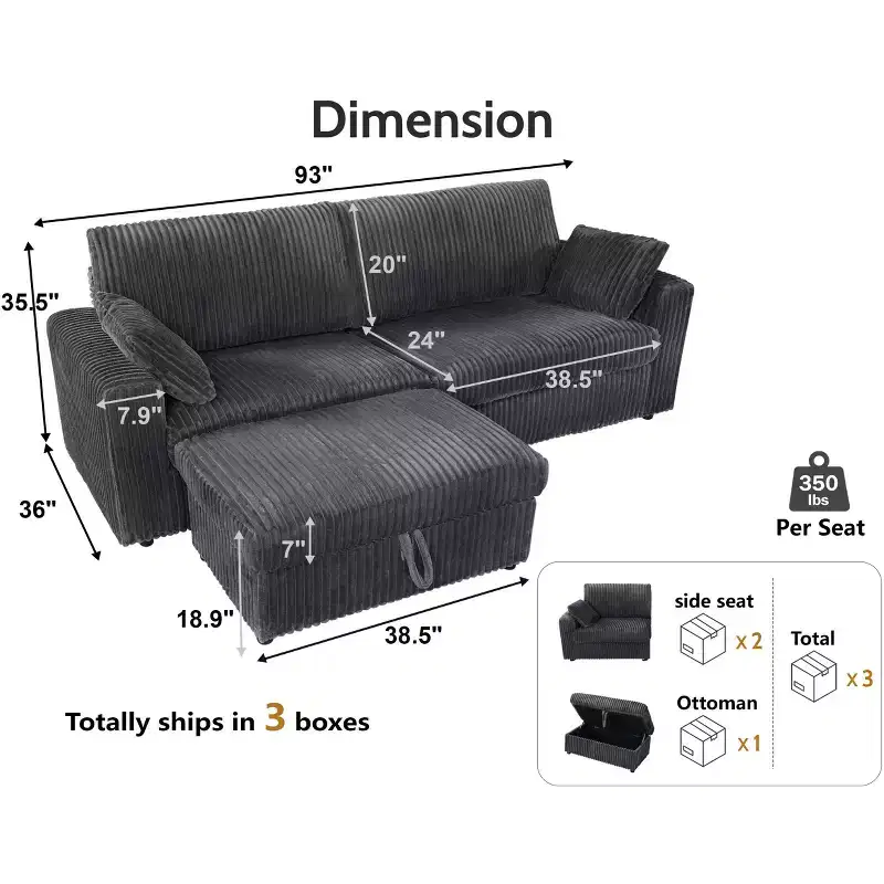 Canapé d'angle modulaire en velours côtelé Dyonery avec housses lavables