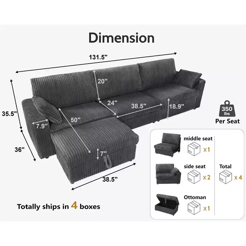 Canapé d'angle modulaire en velours côtelé Dyonery avec housses lavables