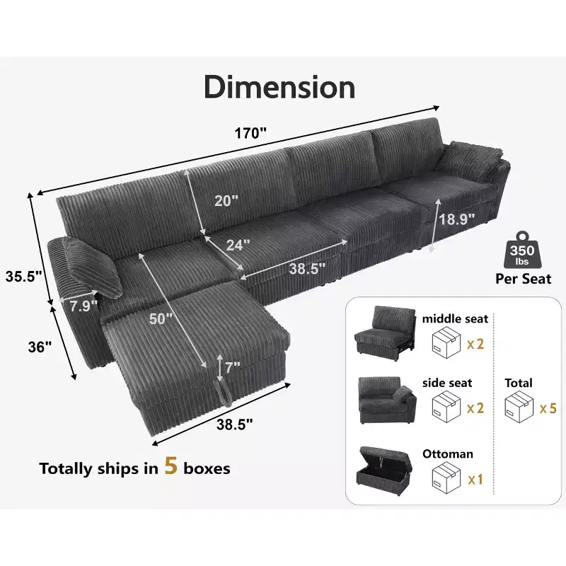 Canapé d'angle modulaire en velours côtelé Dyonery avec housses lavables