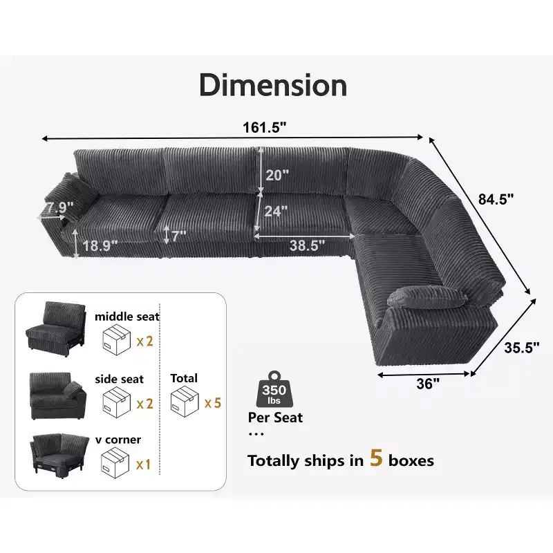 Canapé d'angle modulaire en velours côtelé Dyonery avec housses lavables
