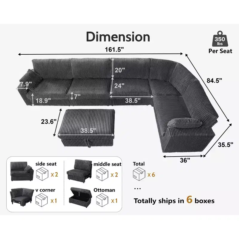 Canapé d'angle modulaire en velours côtelé Dyonery avec housses lavables