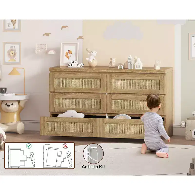 Commode en rotin pour chambre à coucher avec 6 tiroirs, 47 commode large moderne de style ferme, armoire de rangement en bois pour placard, salon, couloir