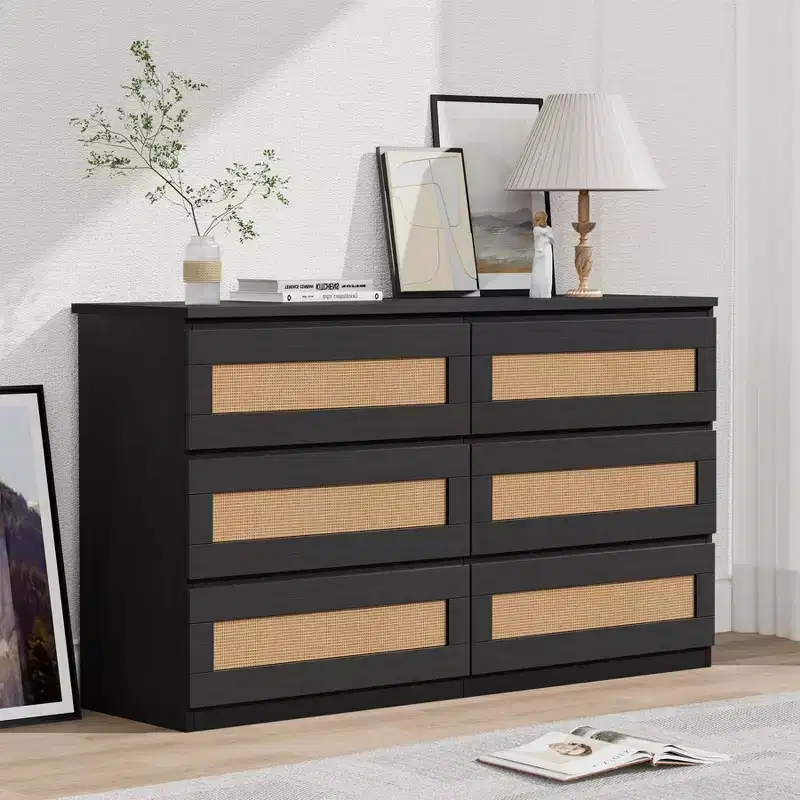Commode en rotin pour chambre à coucher avec 6 tiroirs, 47 commode large moderne de style ferme, armoire de rangement en bois pour placard, salon, couloir