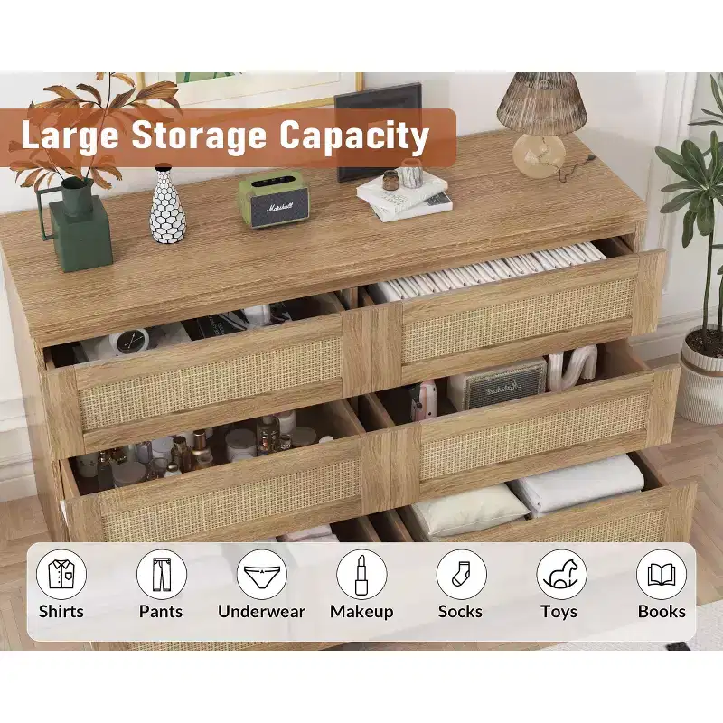 Commode en rotin pour chambre à coucher avec 6 tiroirs, 47 commode large moderne de style ferme, armoire de rangement en bois pour placard, salon, couloir