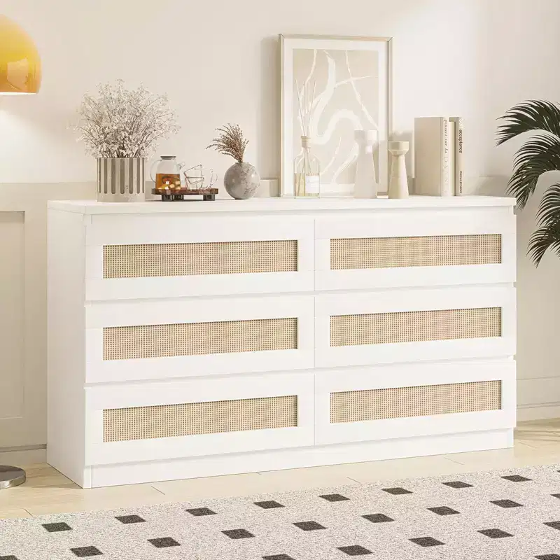 Commode en rotin pour chambre à coucher avec 6 tiroirs, 47 commode large moderne de style ferme, armoire de rangement en bois pour placard, salon, couloir