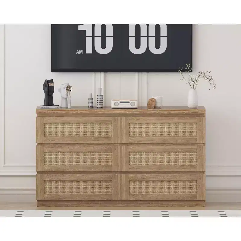 Commode en rotin pour chambre à coucher avec 6 tiroirs, 47 commode large moderne de style ferme, armoire de rangement en bois pour placard, salon, couloir