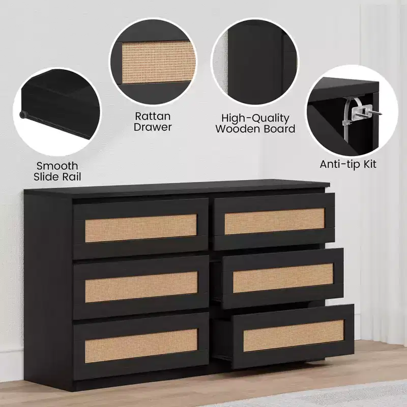 Commode en rotin pour chambre à coucher avec 6 tiroirs, 47 commode large moderne de style ferme, armoire de rangement en bois pour placard, salon, couloir