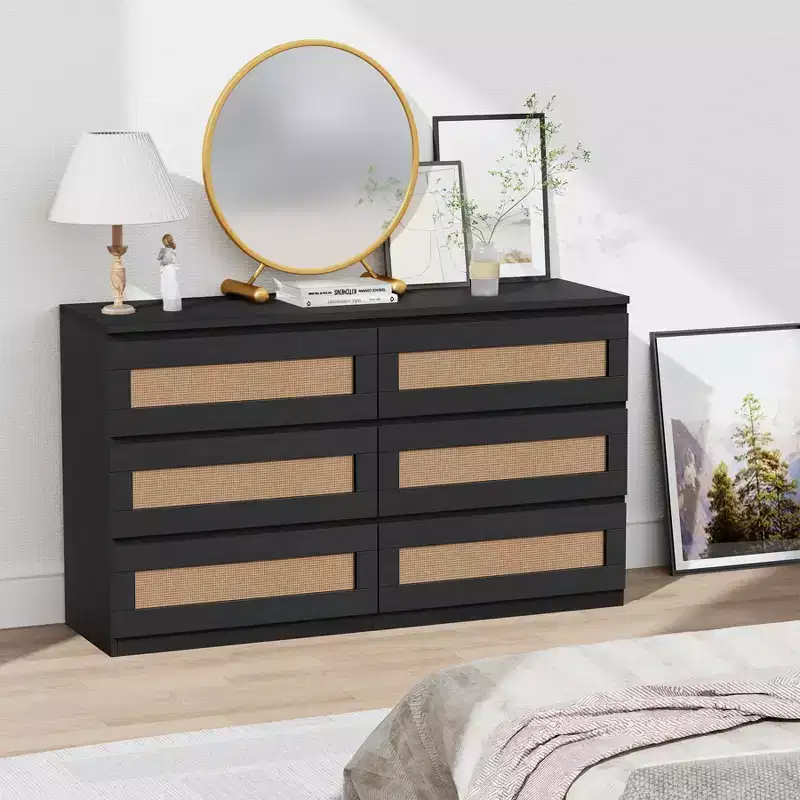 Commode en rotin pour chambre à coucher avec 6 tiroirs, 47 commode large moderne de style ferme, armoire de rangement en bois pour placard, salon, couloir