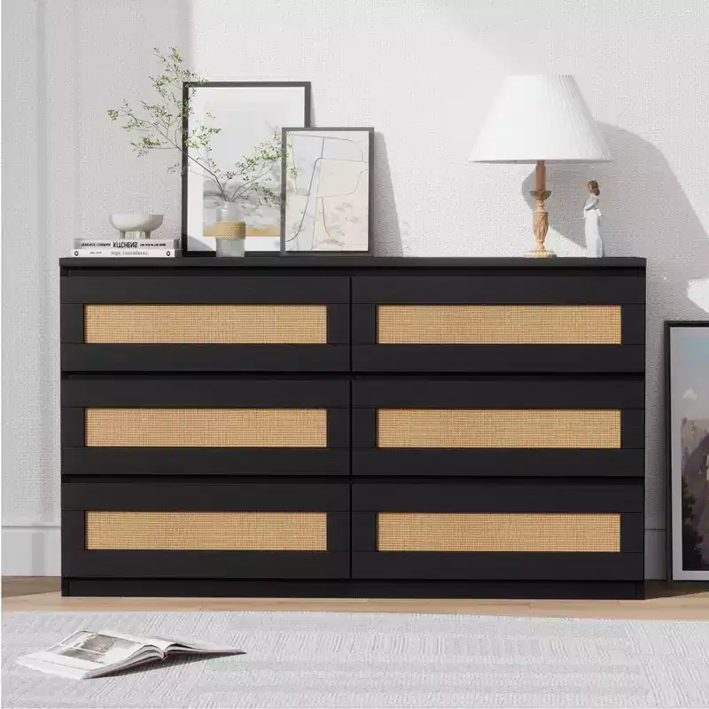 Commode en rotin pour chambre à coucher avec 6 tiroirs, 47 commode large moderne de style ferme, armoire de rangement en bois pour placard, salon, couloir