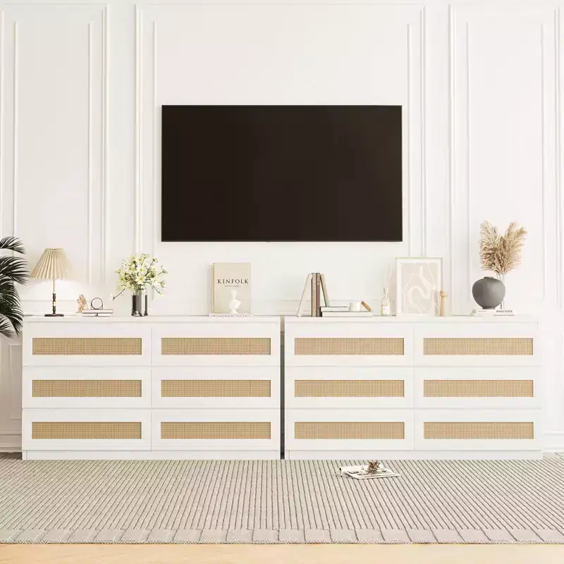 Commode en rotin pour chambre à coucher avec 6 tiroirs, 47 commode large moderne de style ferme, armoire de rangement en bois pour placard, salon, couloir