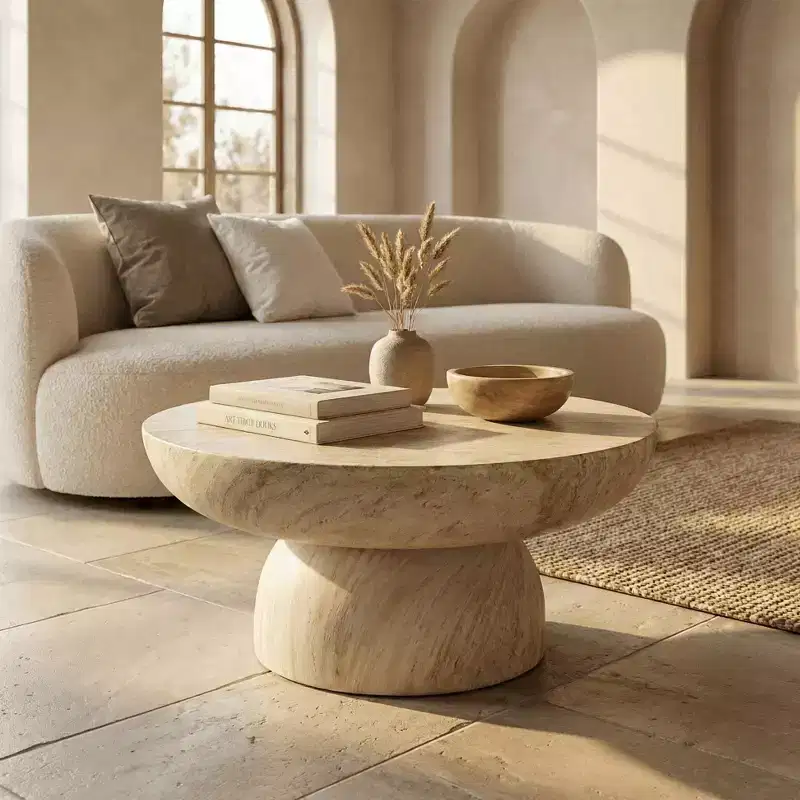 Table basse piédestal ronde en Fiberstone, table d'appoint sculptée pour l'intérieur et l'extérieur avec patins antidérapants