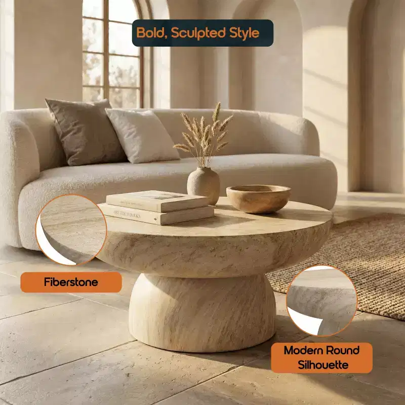 Table basse piédestal ronde en Fiberstone, table d'appoint sculptée pour l'intérieur et l'extérieur avec patins antidérapants