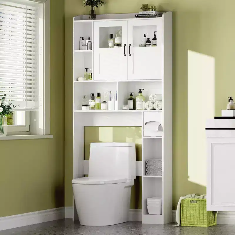 Meuble de rangement pour toilettes – Organisateur de salle de bain de style ferme de 171 cm de haut avec étagère réglable et porte en verre pour salle de bain, buanderie