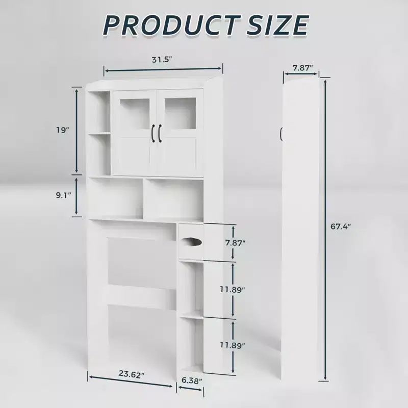 Meuble de rangement pour toilettes – Organisateur de salle de bain de style ferme de 171 cm de haut avec étagère réglable et porte en verre pour salle de bain, buanderie